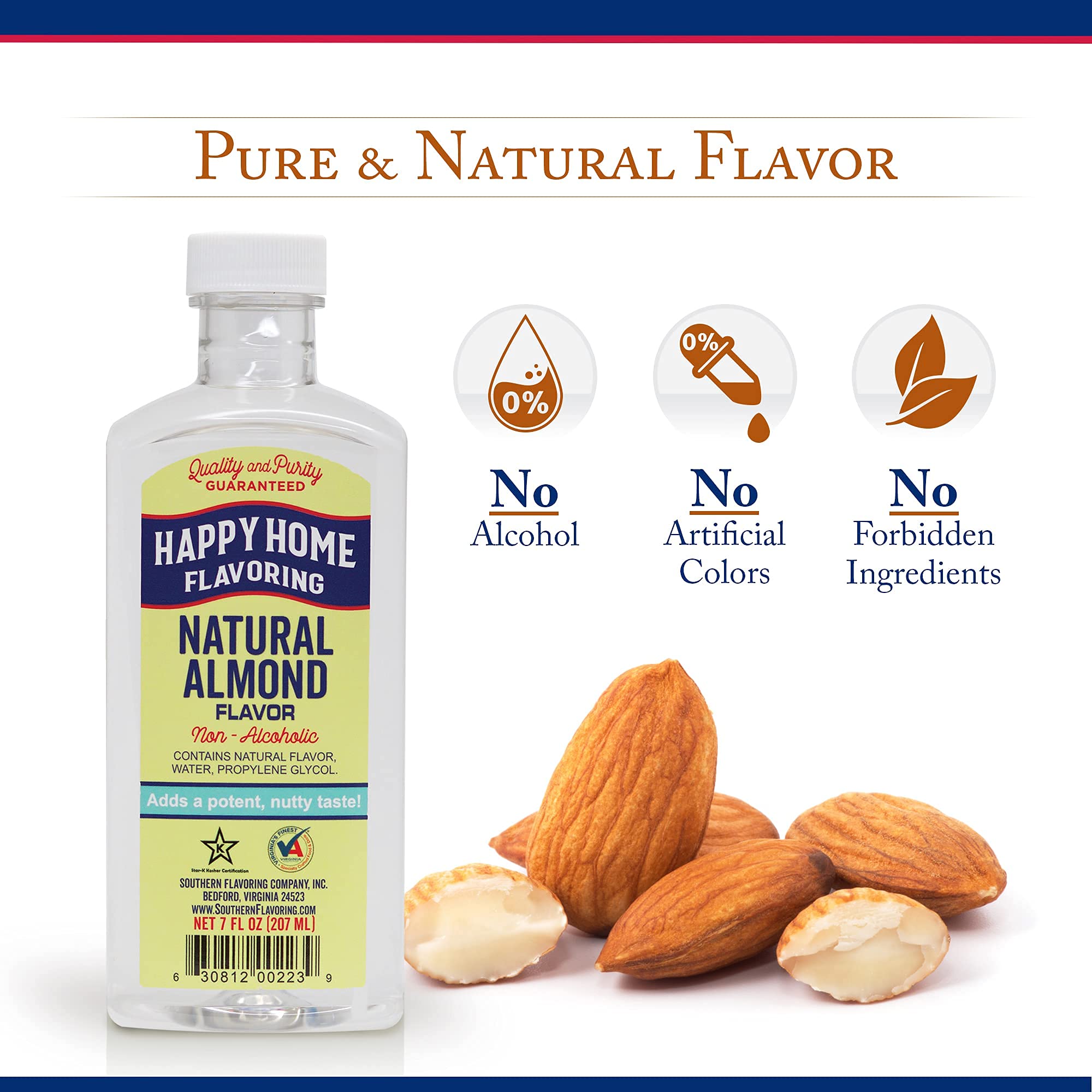 Happy Home almond flavoring label close-up showing pure almond aroma.