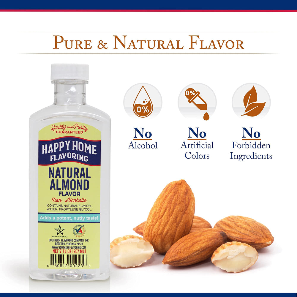 Happy Home almond flavoring label close-up showing pure almond aroma.
