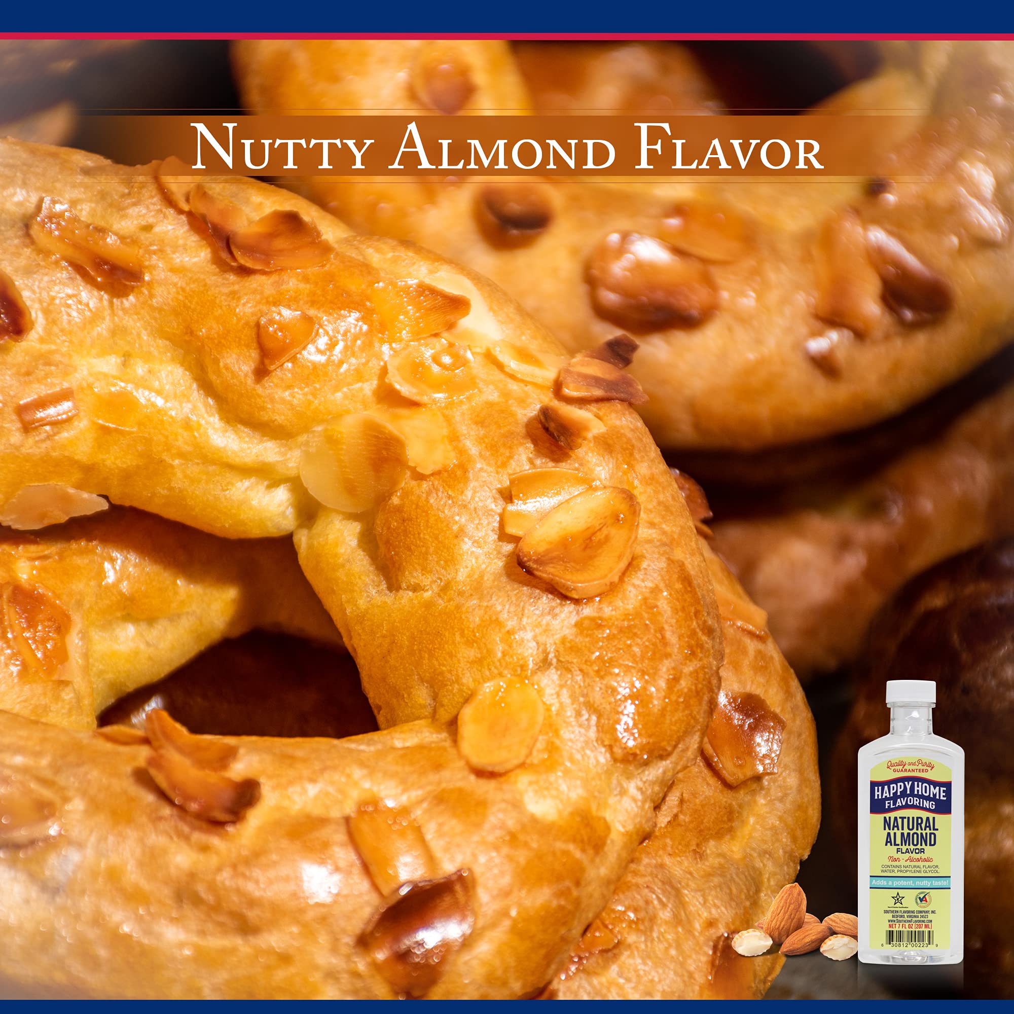 Happy Home almond flavoring being poured for pastries and beverages.