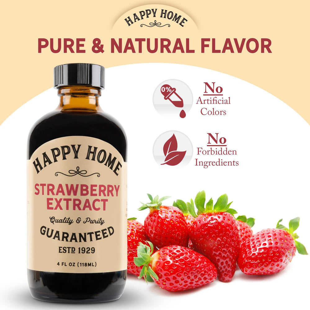 Happy Home Kosher-certified label on strawberry flavor bottle for trusted ingredients.
