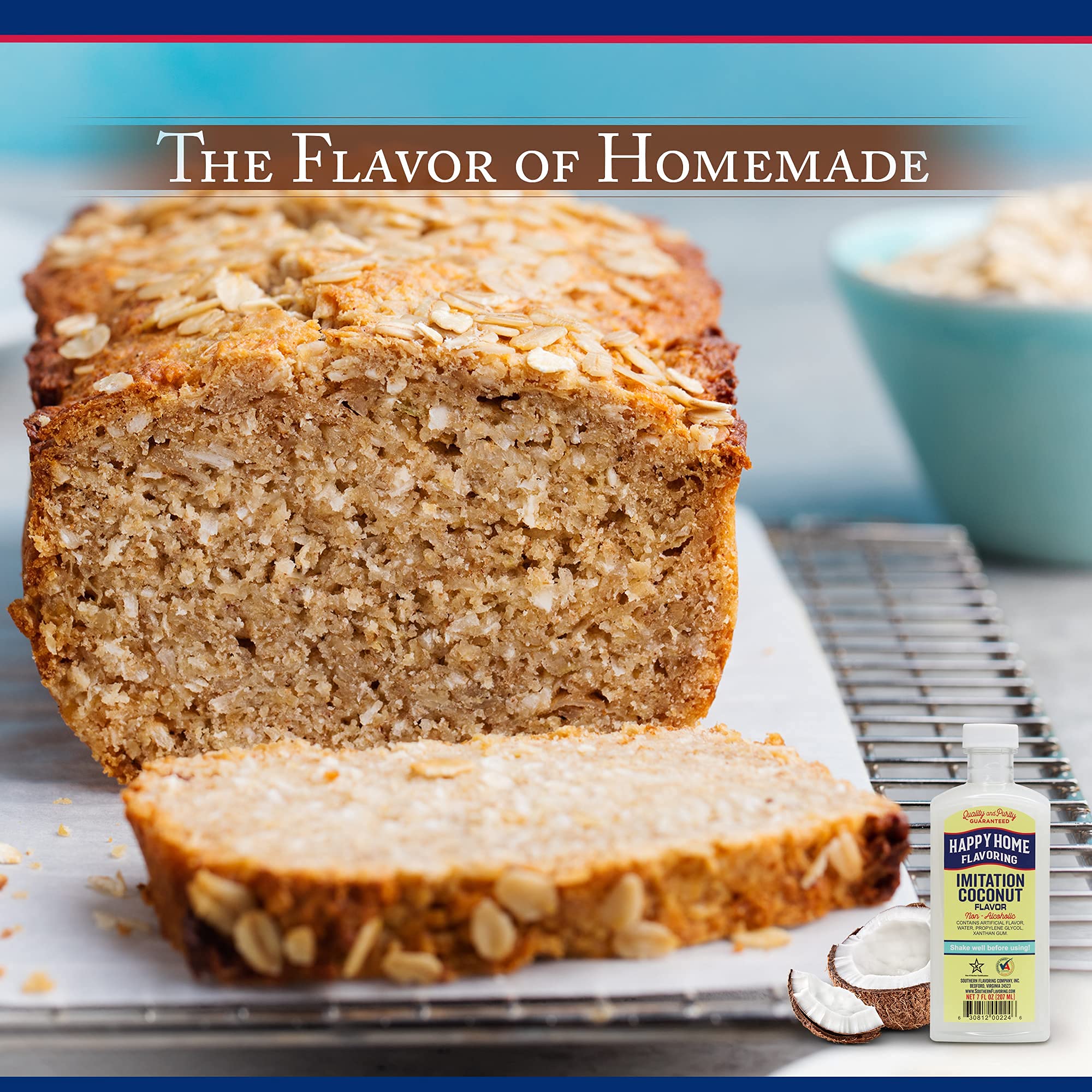 Happy Home kitchen scene featuring coconut flavoring on baking setup.