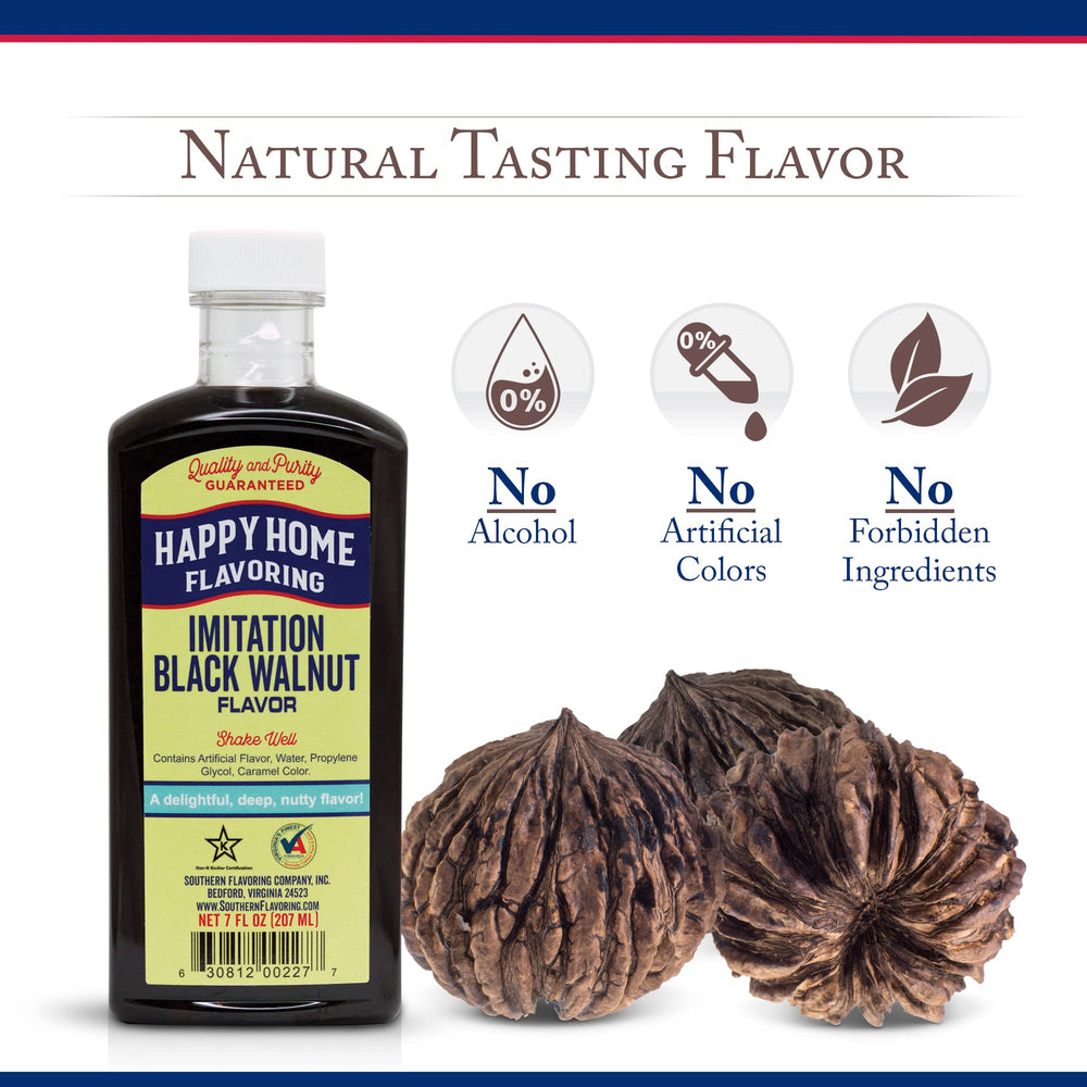 Happy Home imitation black walnut flavoring bottle side with kosher marking