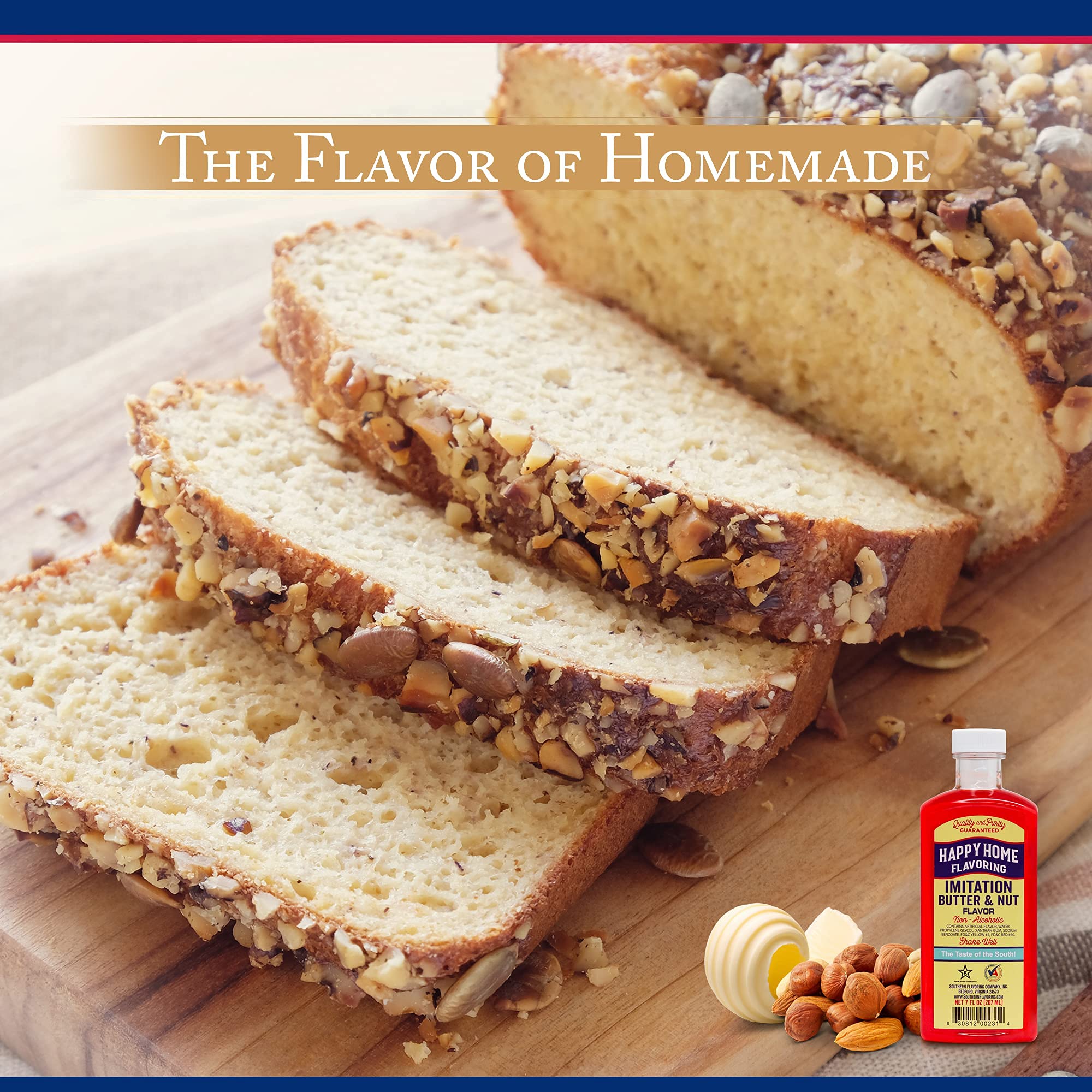 Happy Home Flavoring kitchen scene with bottle, versatile baking staple