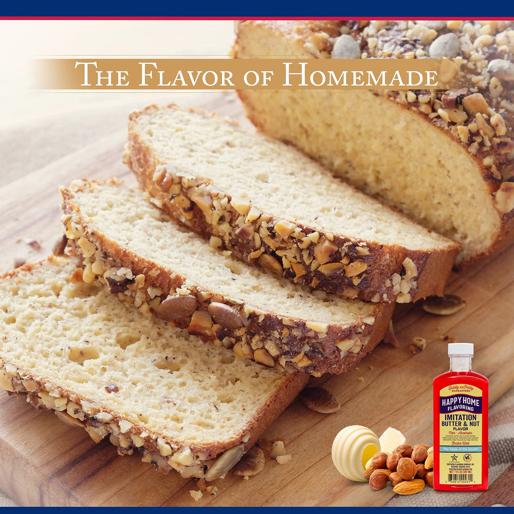 Happy Home Flavoring kitchen scene with bottle, versatile baking staple