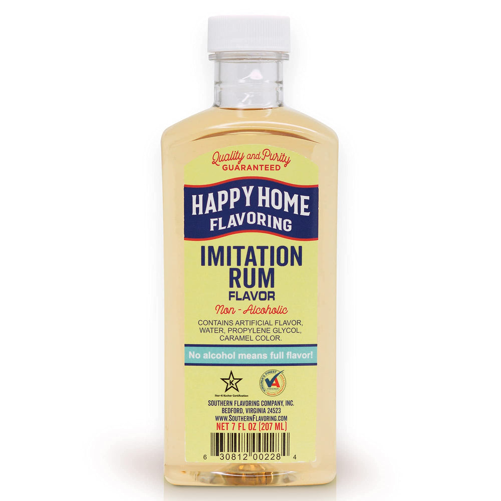 Happy Home imitation cinnamon flavoring bottle shows non-alcoholic spice for baking.