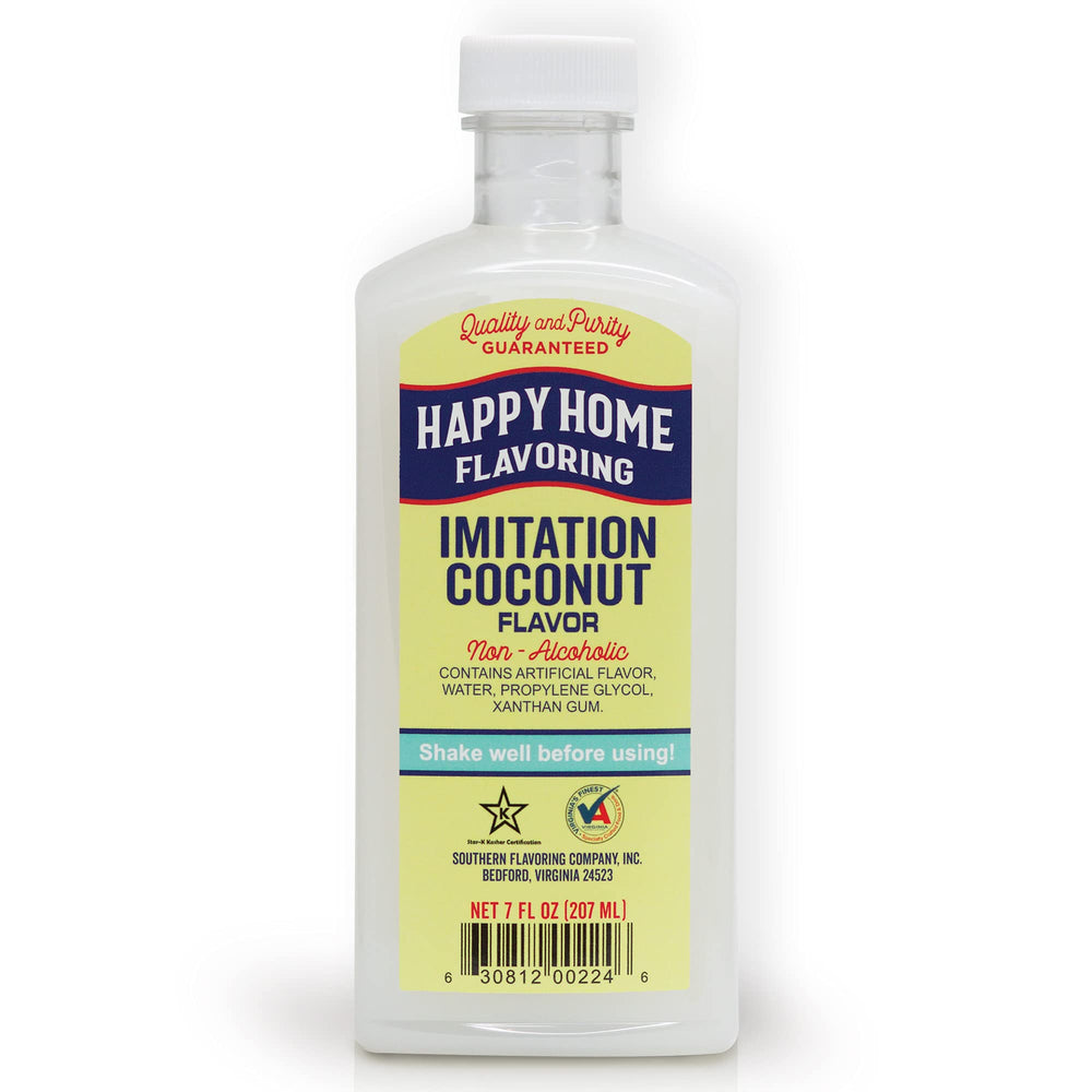 Happy Home imitation coconut flavoring bottle for tropical flavor in desserts.