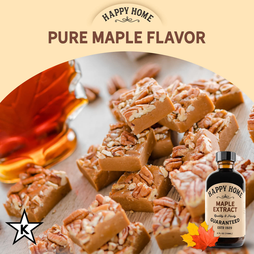Happy Home maple flavor production label indicating USA origin.