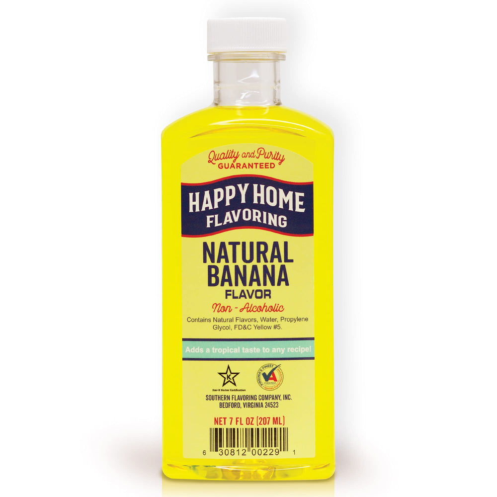 Happy Home banana flavoring bottle showing rich, non-alcoholic banana flavor for baking
