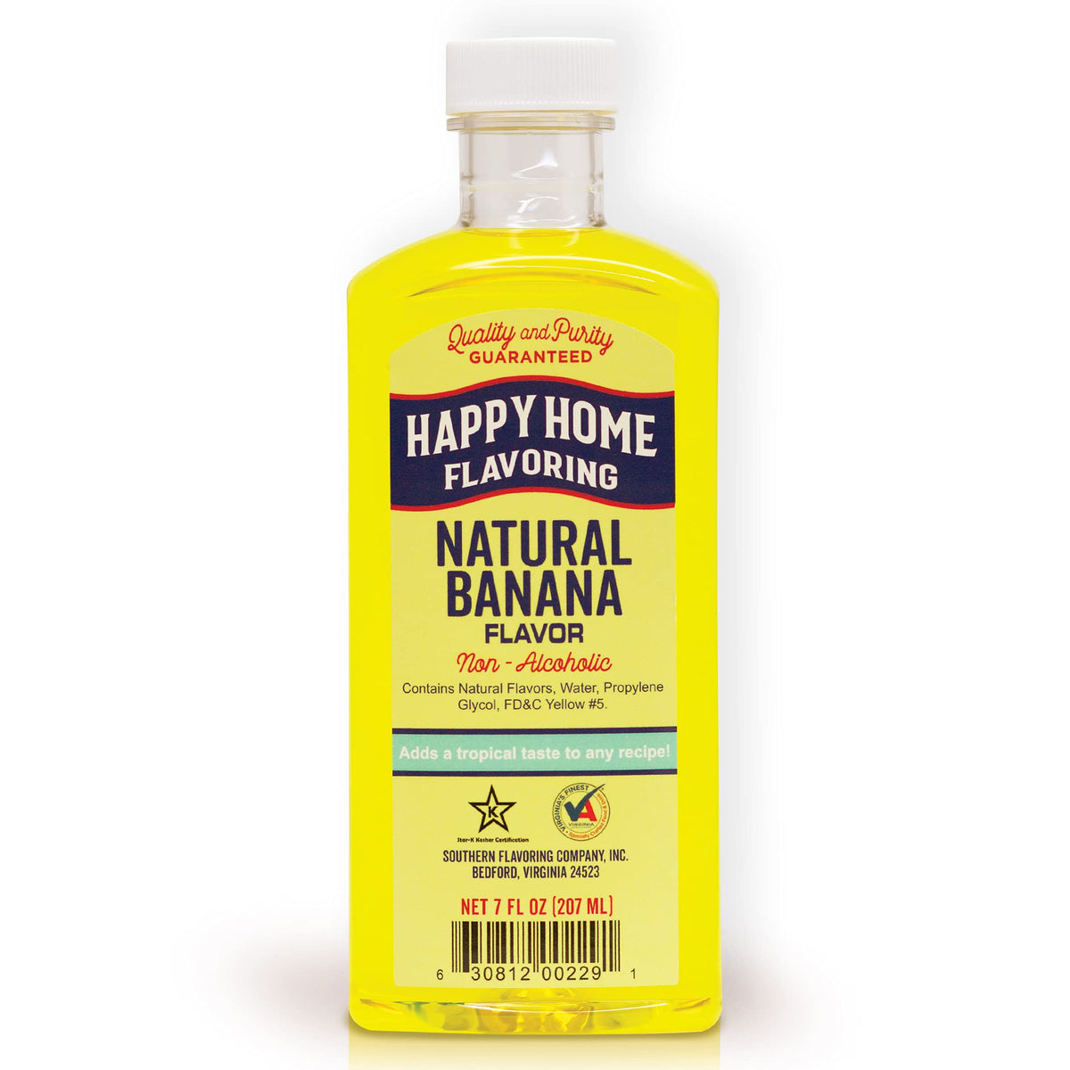 Happy Home banana flavoring bottle showing rich, non-alcoholic banana flavor for baking