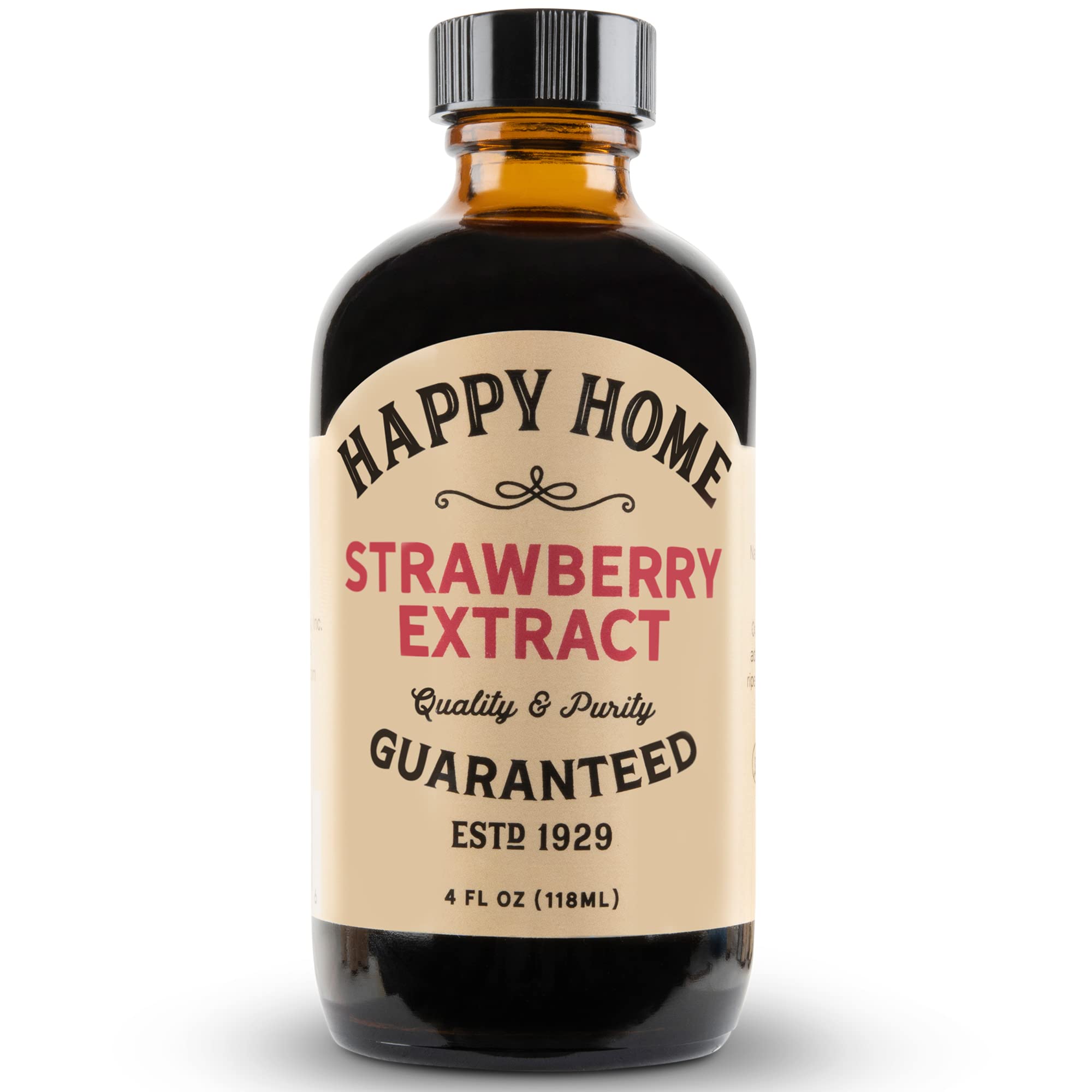 Happy Home Natural Strawberry Flavor bottle closeup for rich baking aroma and taste.