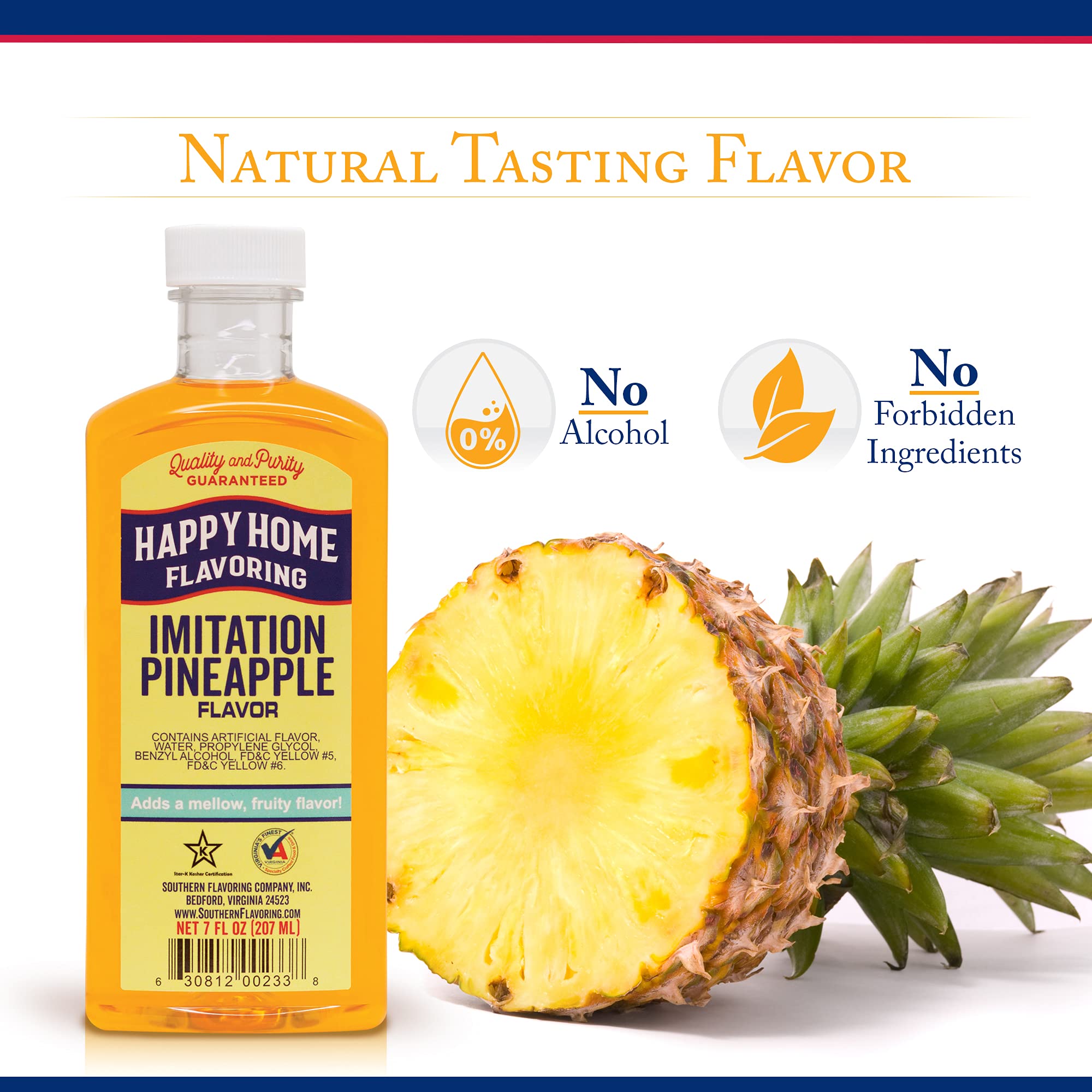 Happy Home pineapple flavoring bottle pouring highlights easy, non-alcoholic enhancement for cakes and desserts.