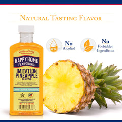 Happy Home pineapple flavoring bottle pouring highlights easy, non-alcoholic enhancement for cakes and desserts.
