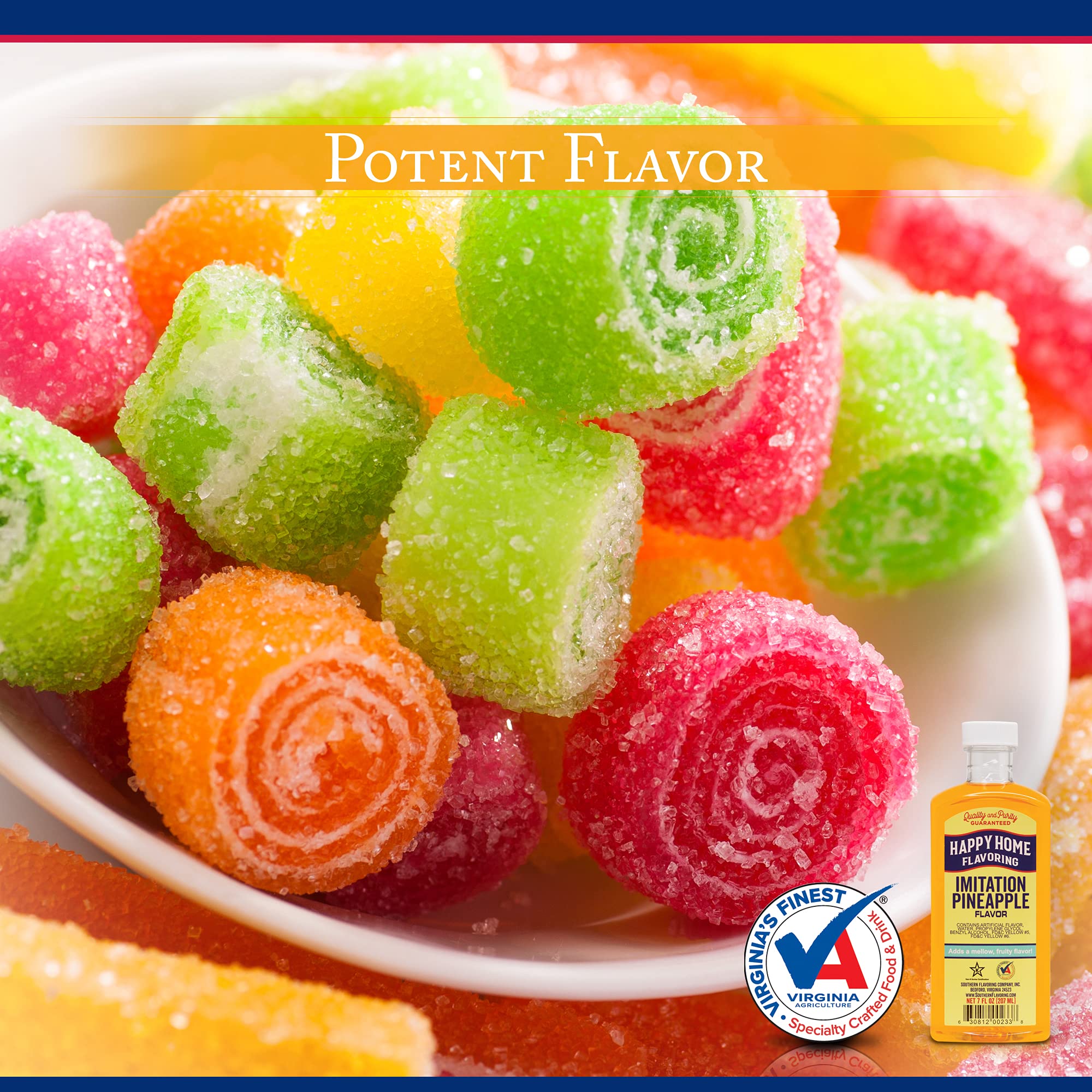 Happy Home pineapple flavoring bottle pour over ingredients for baking versatility.