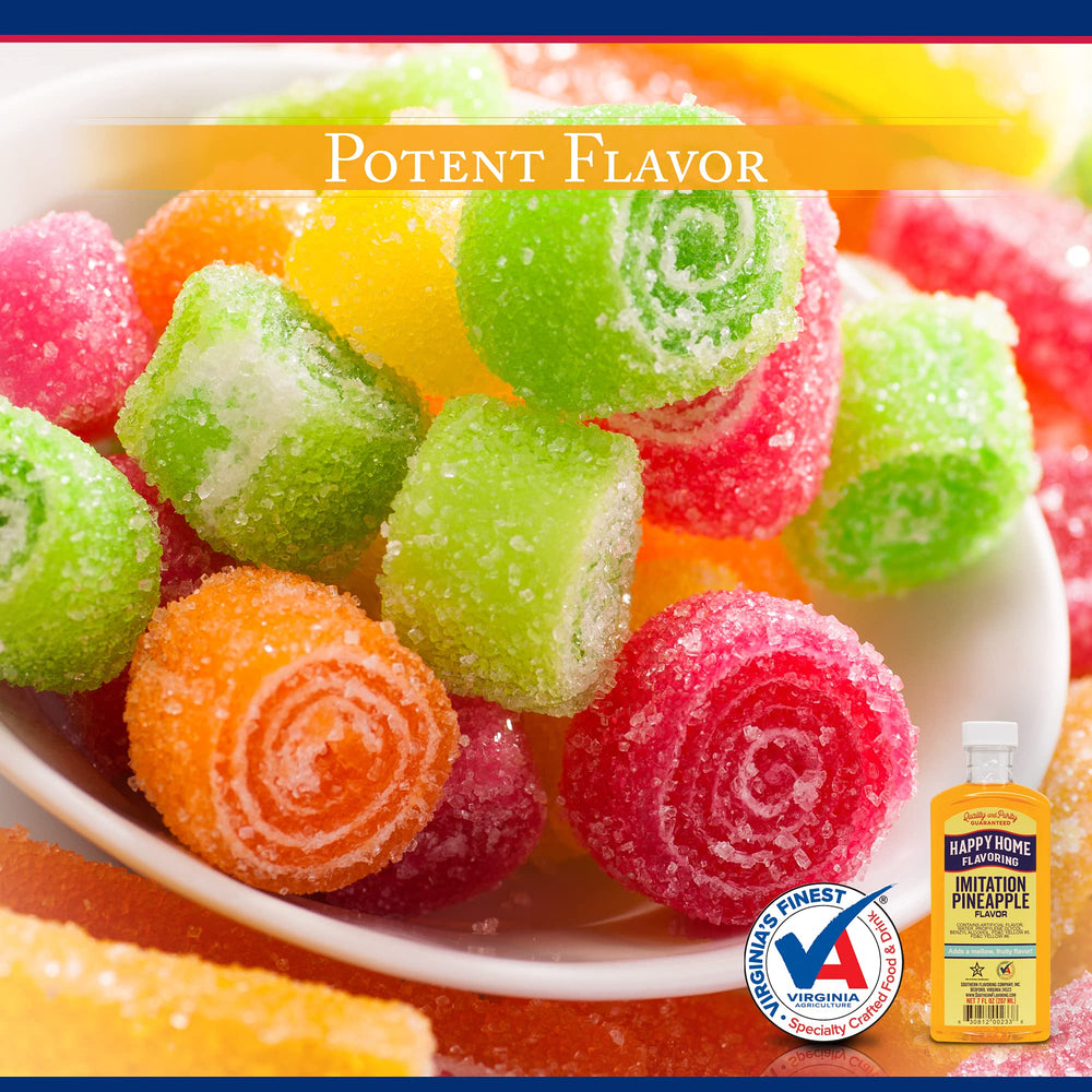 Happy Home pineapple flavoring bottle pour over ingredients for baking versatility.