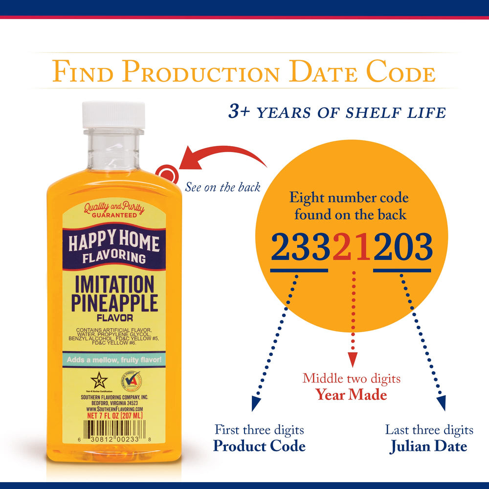 Happy Home pineapple flavoring bottle on counter ideal for cakes, cookies, frosting, and custards.