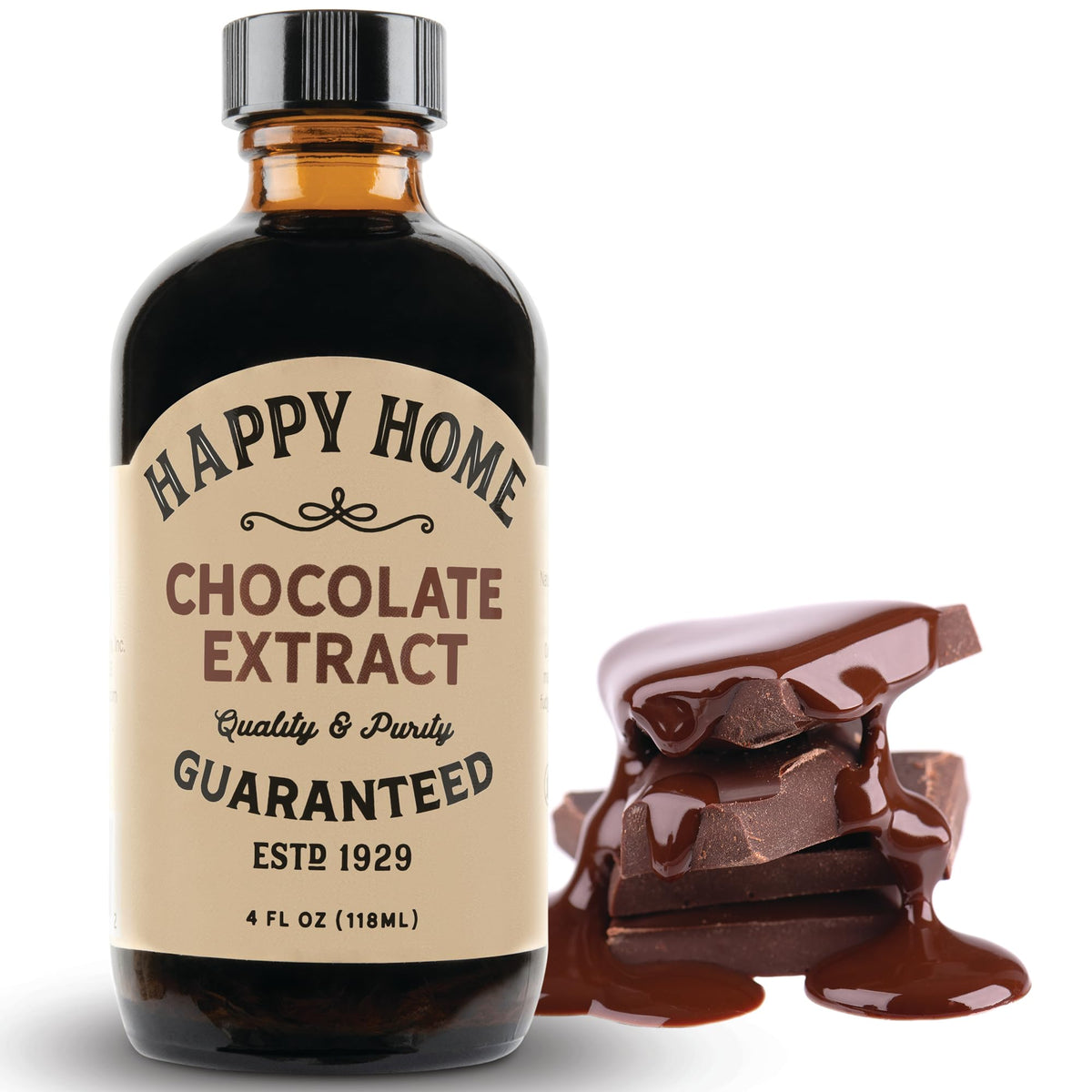 Happy Home Premium Natural Chocolate Flavor bottle shows rich aroma for baking
