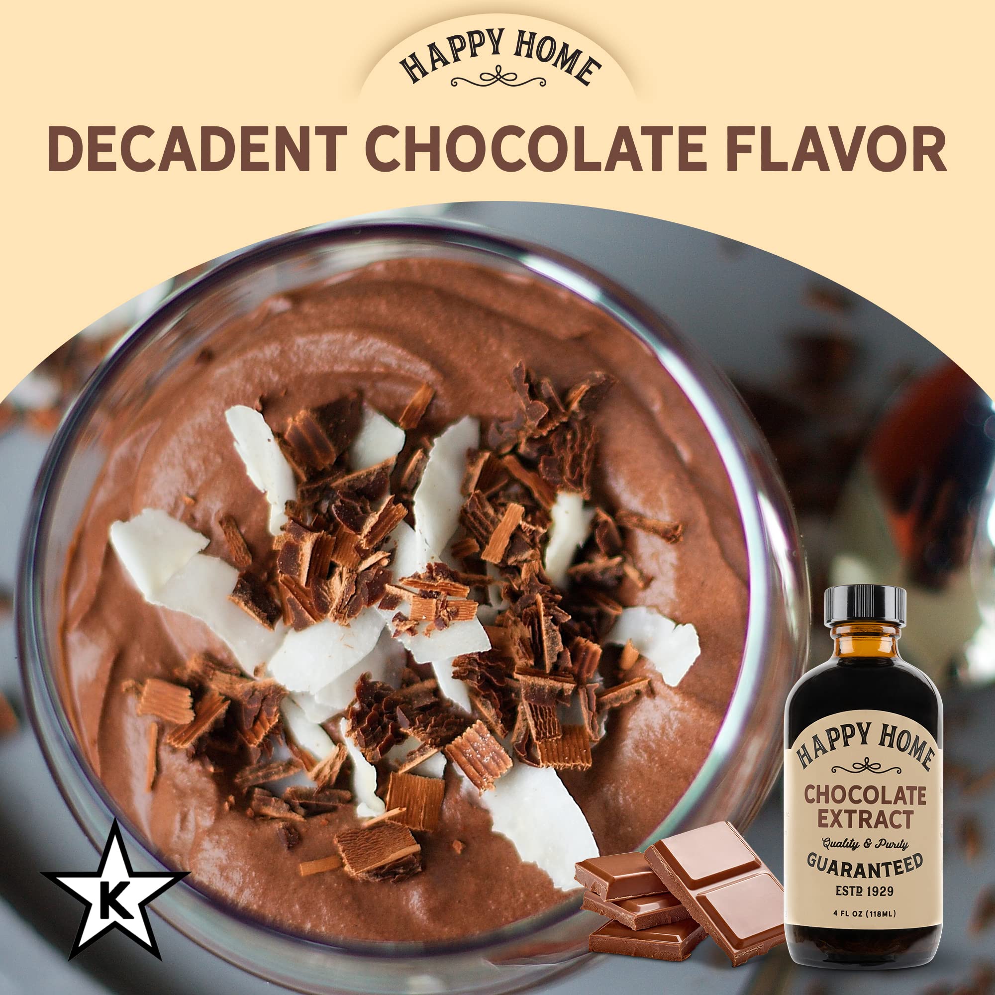 Happy Home Premium Natural Chocolate Flavor kitchen scene suggests versatile baking uses