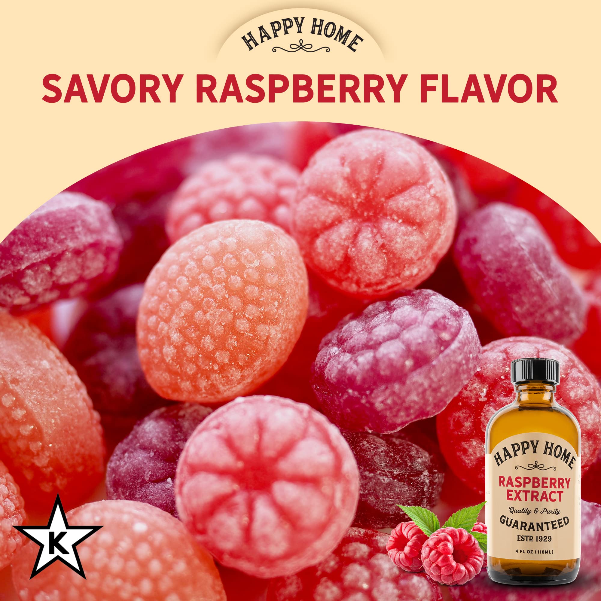 Happy Home Raspberry Flavor Kosher seal indicating certified quality