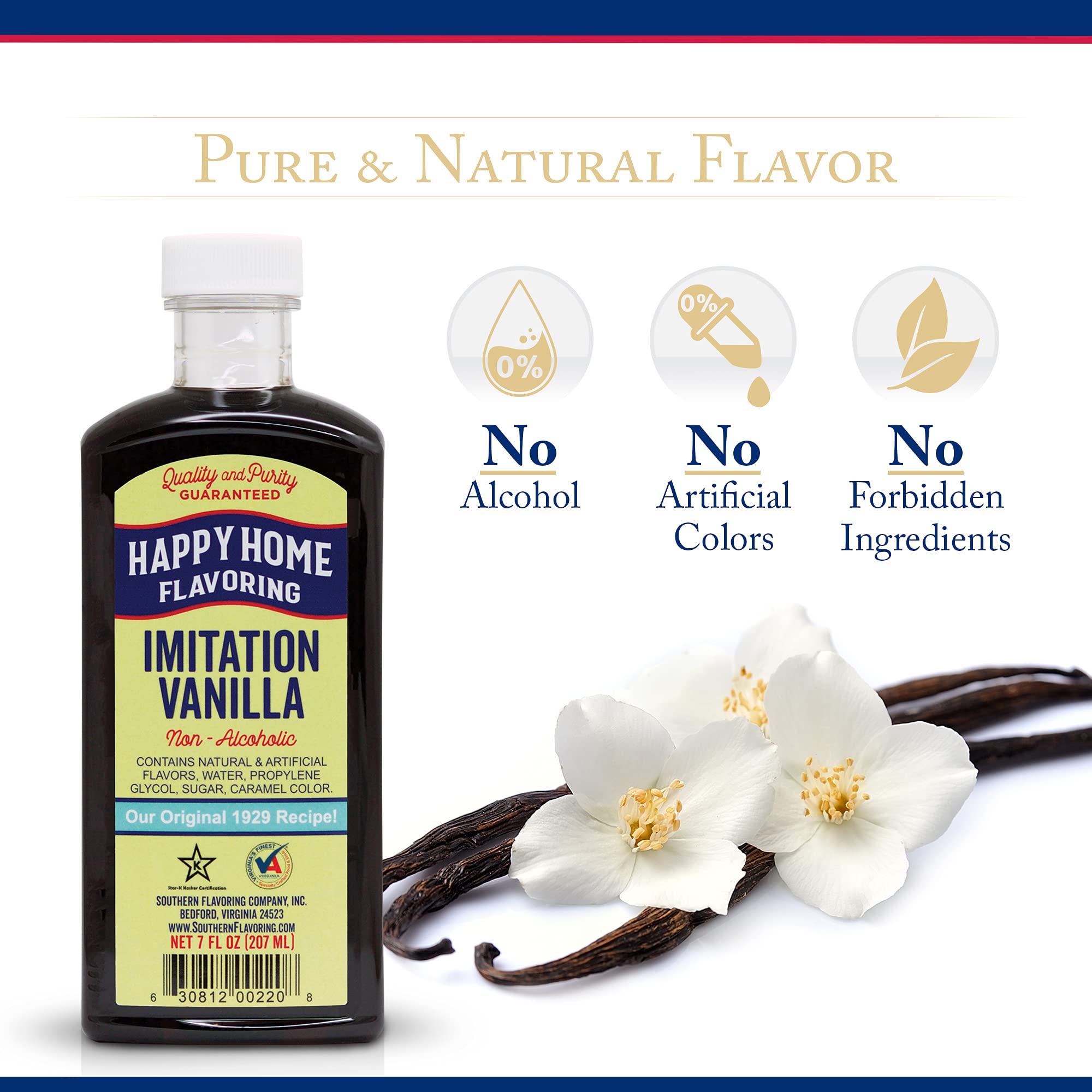 Happy Home vanilla flavoring bottle ideal for icings, cookies, and creamy desserts.
