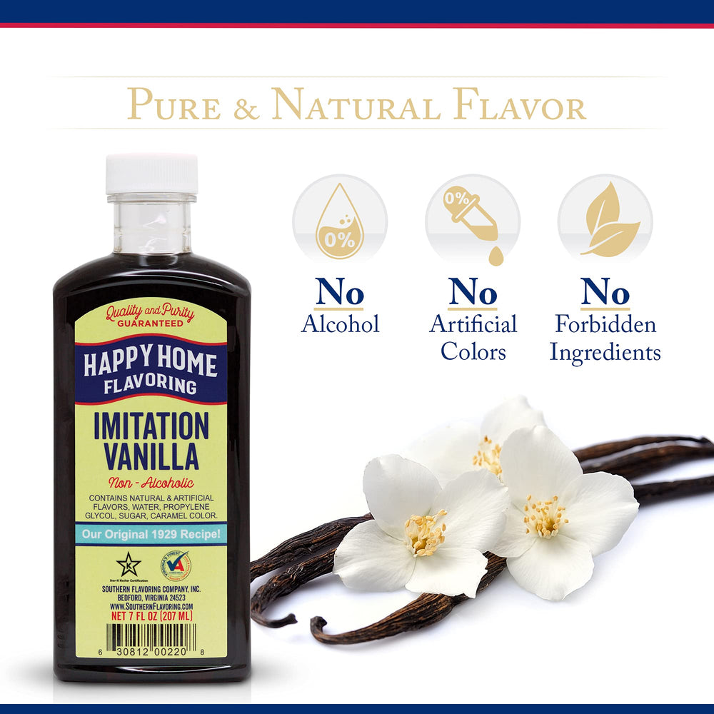 Happy Home vanilla flavoring bottle ideal for icings, cookies, and creamy desserts.