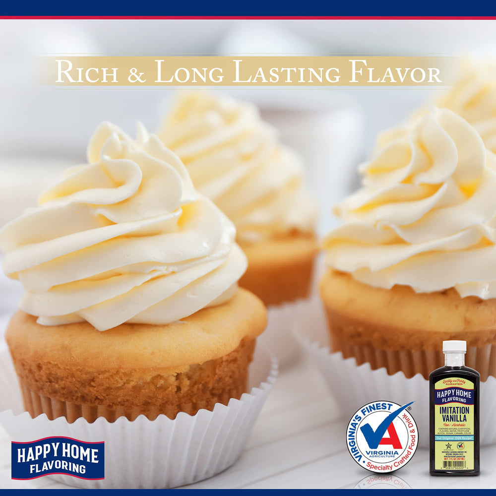 Happy Home vanilla flavoring being poured into batter for baking.