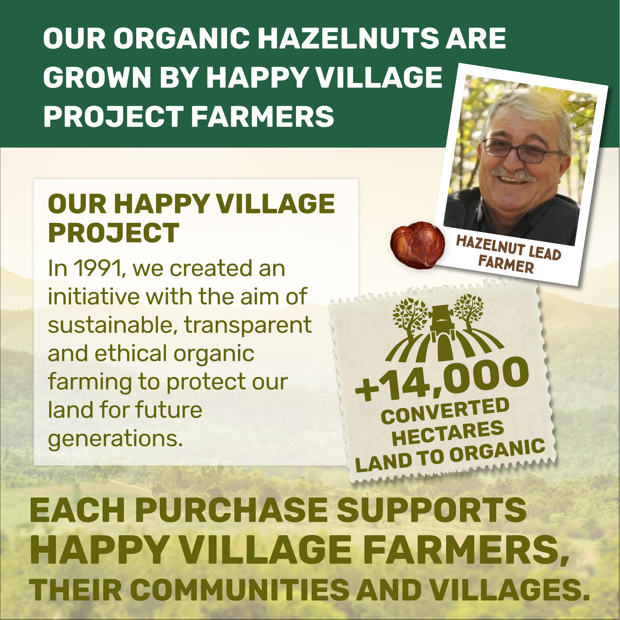 Happy Village hazelnuts label shows USDA Organic and Non-GMO certifications.