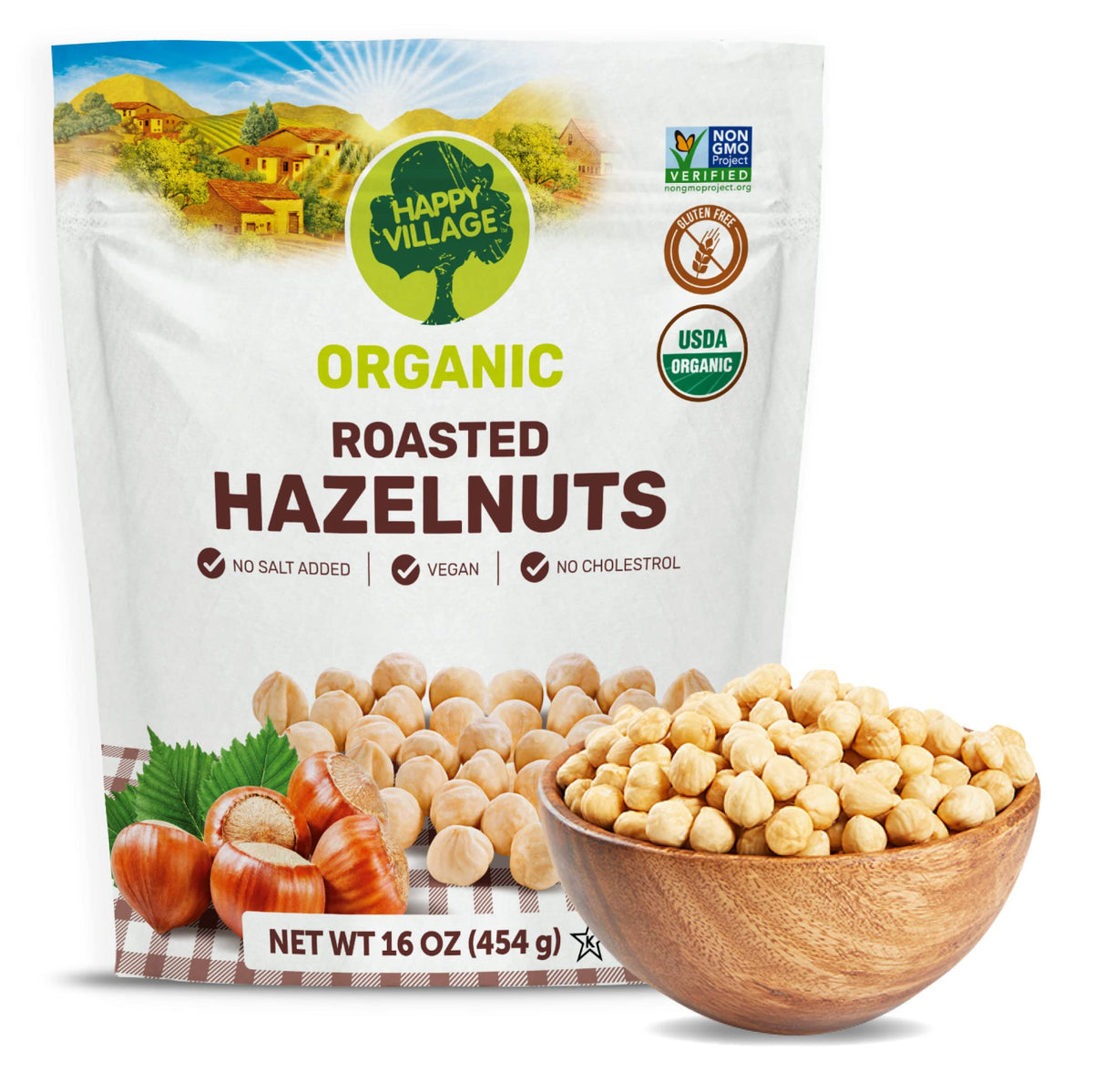 Happy Village Organic Roasted Hazelnuts in a resealable bag for simple snacking.