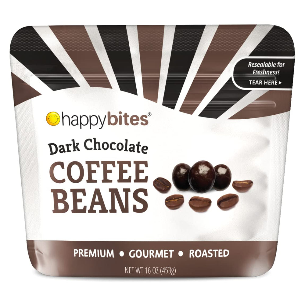 Happy Bites dark chocolate covered coffee beans bag front—energizing snack