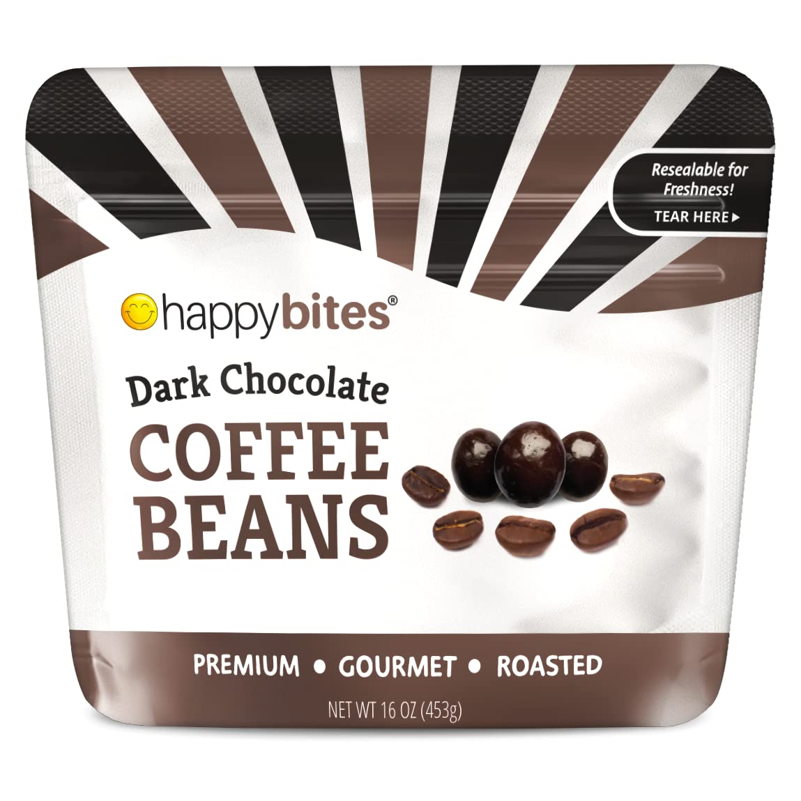 Happy Bites dark chocolate covered coffee beans bag front—energizing snack