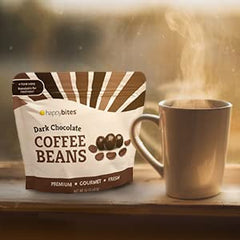 Happy Bites roasted coffee beans ready to eat—bold notes