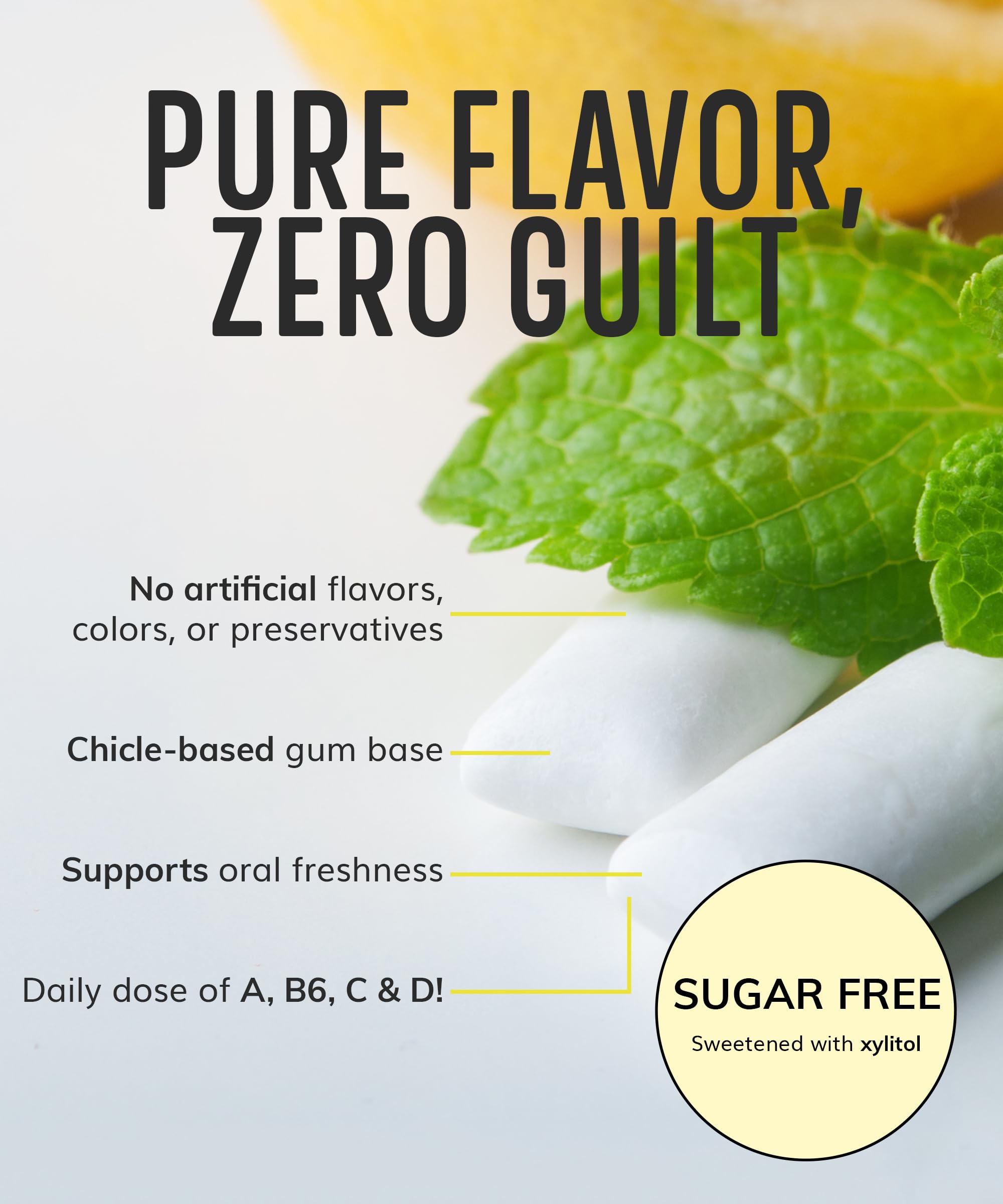HAPPY ECO xylitol gum aspartame-free sourcing clean ingredients graphic.