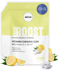 HAPPY ECO xylitol gum lemon 4-pack box with vitamin boosting on the go.