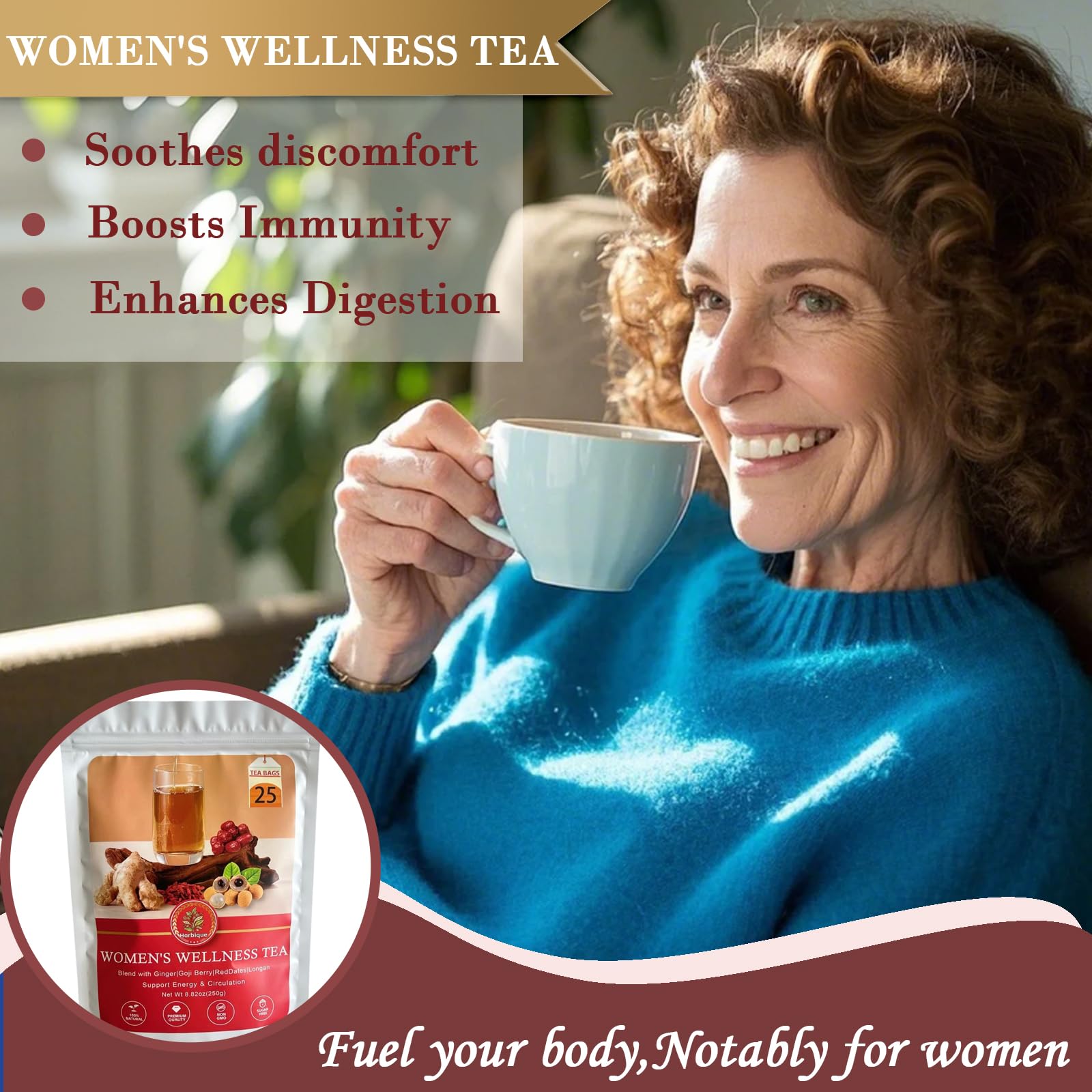 Harbique tea bag close-up, individually wrapped for freshness and travel ease.