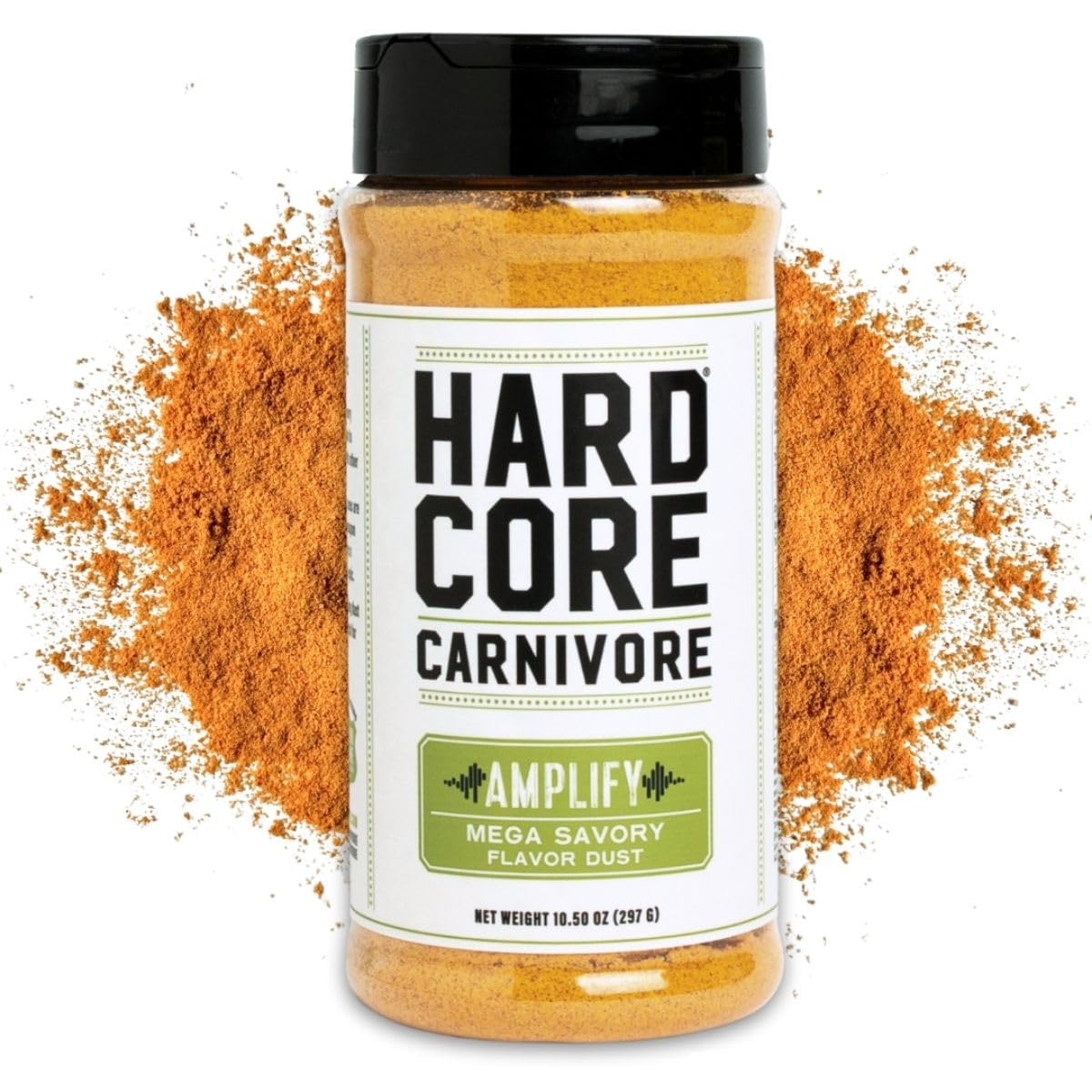 Hardcore Carnivore Amplify front label, a Texas-made umami seasoning for meats and veggies.