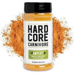 Hardcore Carnivore Amplify front label, a Texas-made umami seasoning for meats and veggies.