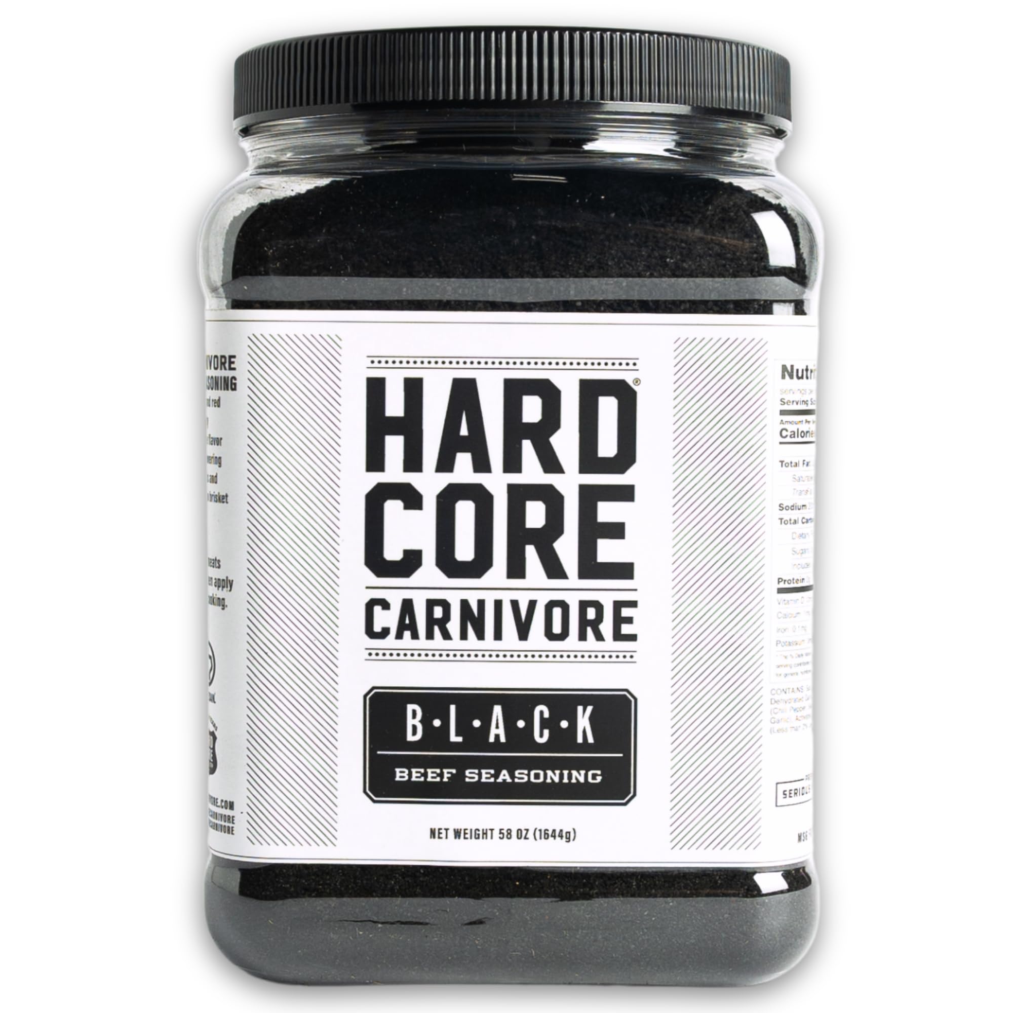 Hardcore Carnivore Black activated charcoal rub bottle close-up for rich beef flavor.