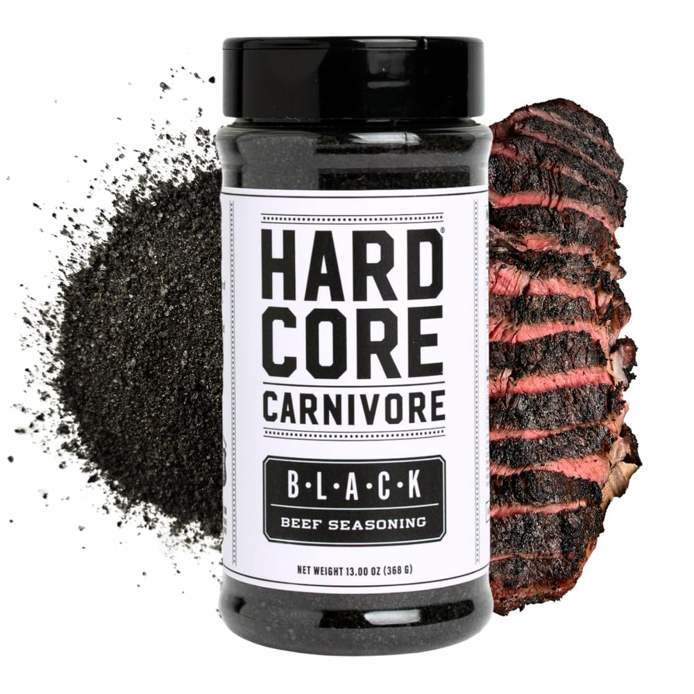 Hardcore Carnivore Black bottle front view, premium charcoal rub for bold steaks.