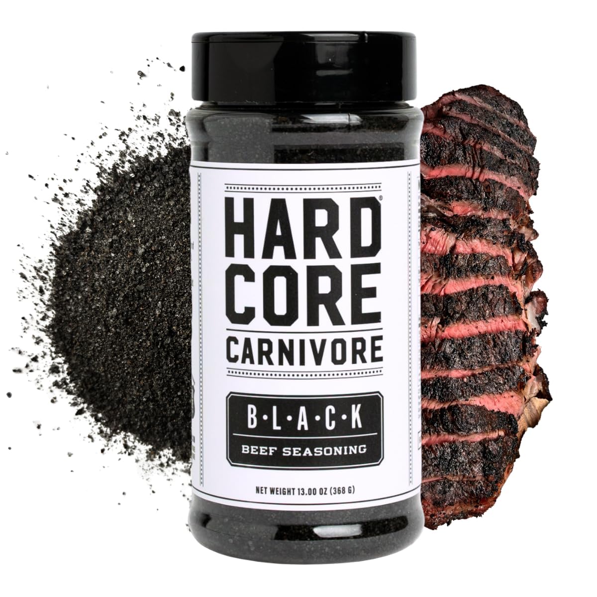 Hardcore Carnivore Black bottle front view, premium charcoal rub for bold steaks.