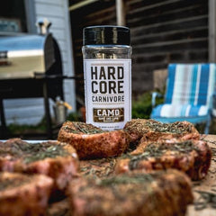 Hardcore Carnivore Camo label highlights Texas-made game seasoning.