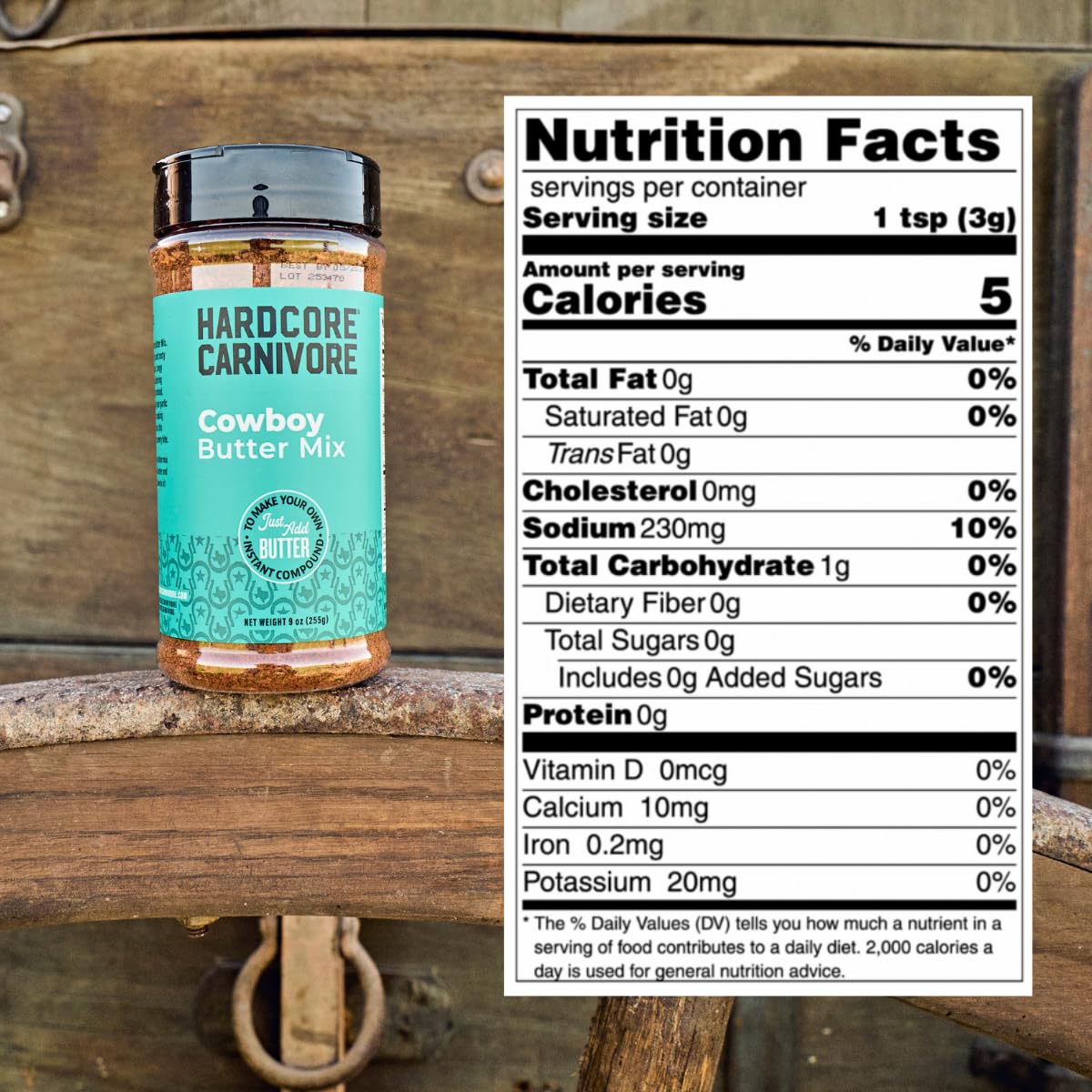 Hardcore Carnivore Cowboy Butter Mix shaker closeup highlights premium ingredients for rich butter.