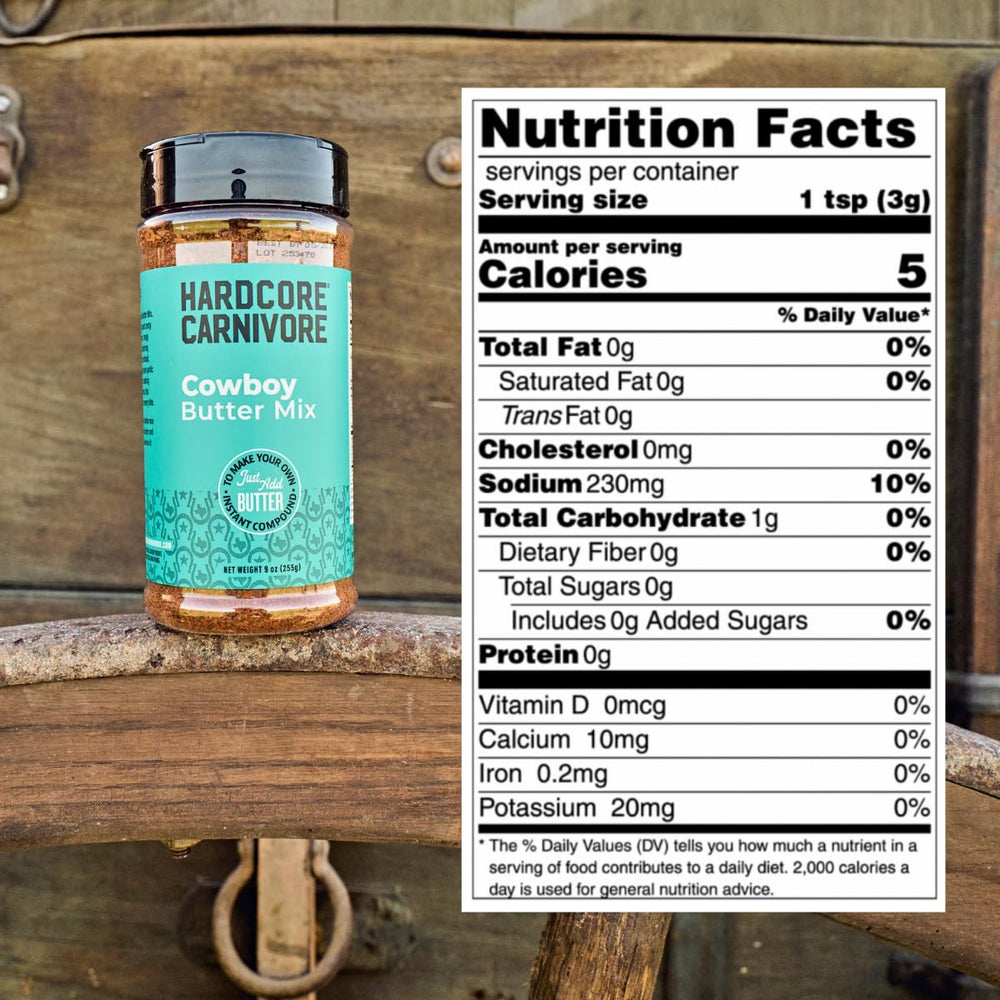 Hardcore Carnivore Cowboy Butter Mix shaker closeup highlights premium ingredients for rich butter.