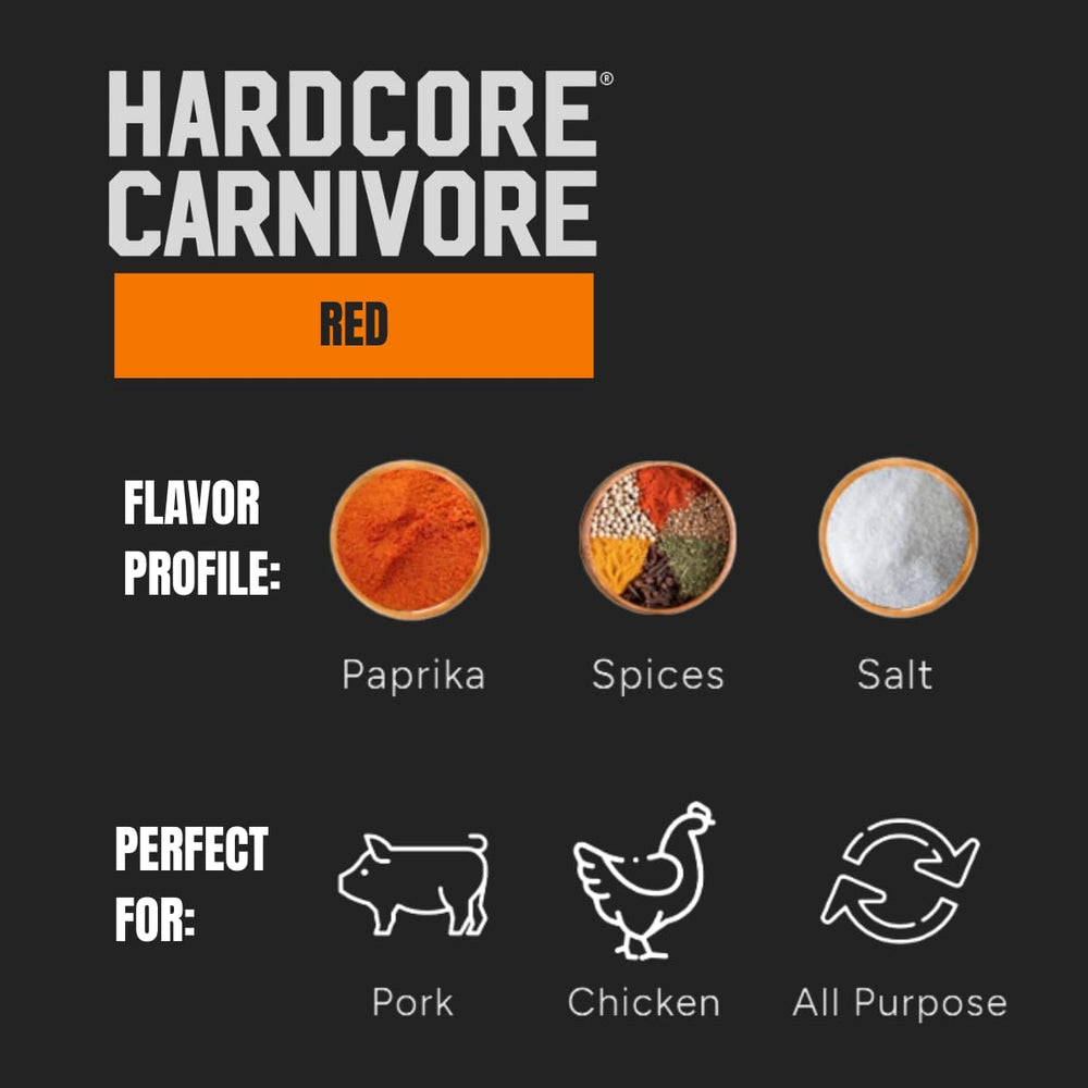 Hardcore Carnivore Red seasoning dust adds savory rub for pork ribs and chicken thighs.