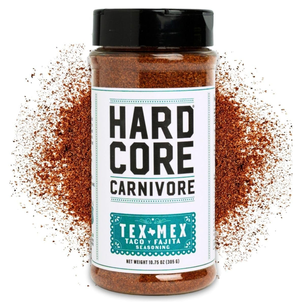 Hardcore Carnivore Tex Mex seasoning bottle front view for bold Tex Mex flavor.
