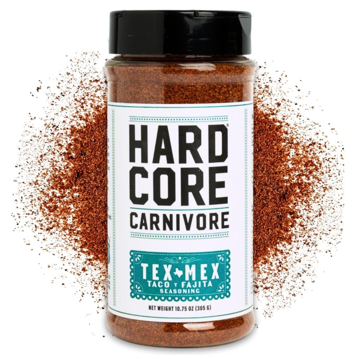 Hardcore Carnivore Tex Mex seasoning bottle front view for bold Tex Mex flavor.