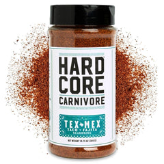 Hardcore Carnivore Tex Mex seasoning bottle front view for bold Tex Mex flavor.