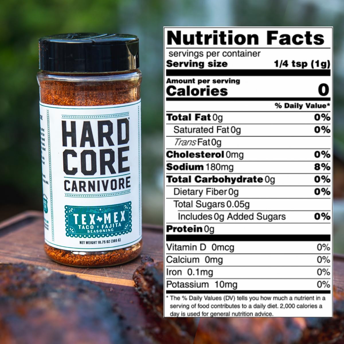 Close-up of Hardcore Carnivore Tex Mex seasoning ingredients for premium grilling.