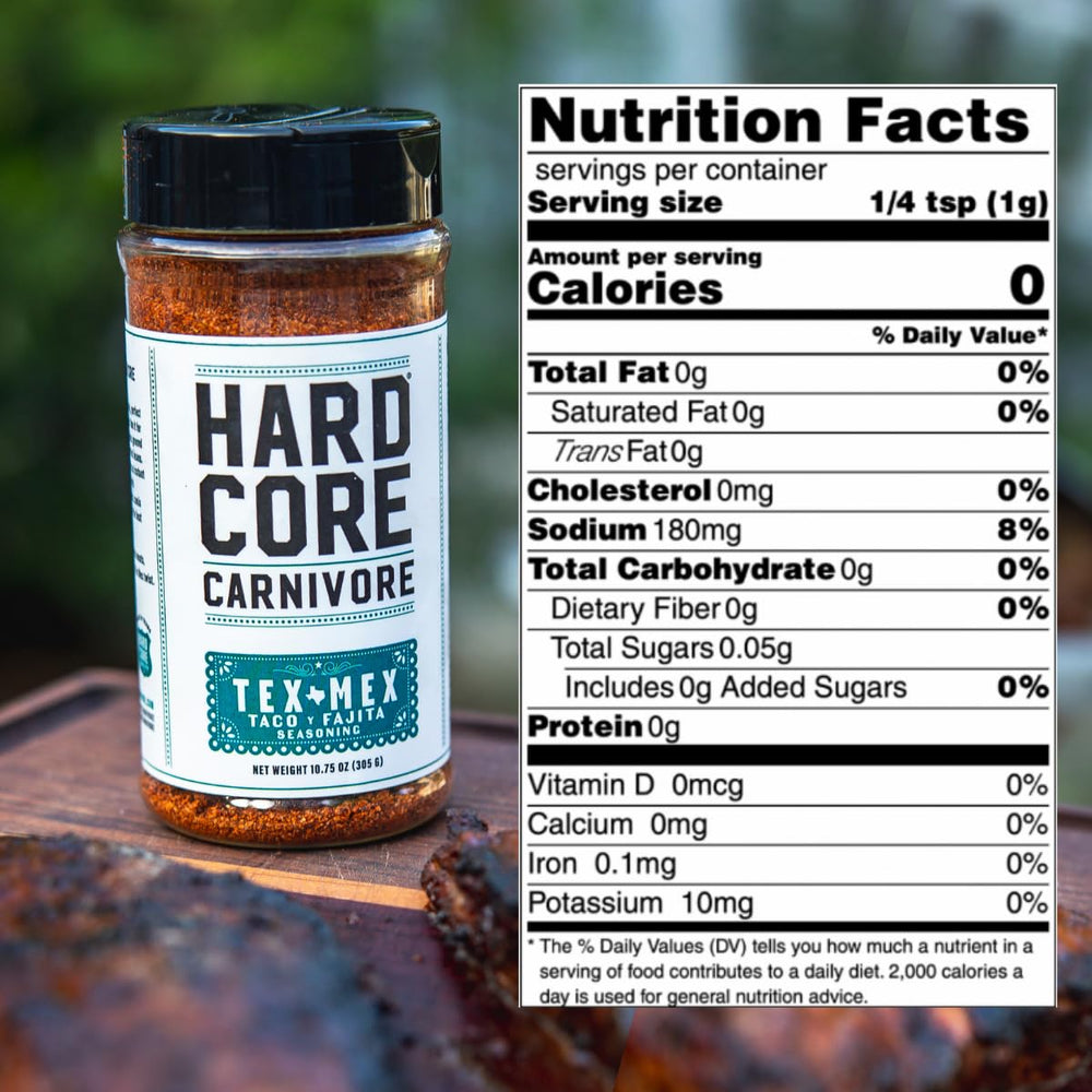 Close-up of Hardcore Carnivore Tex Mex seasoning ingredients for premium grilling.