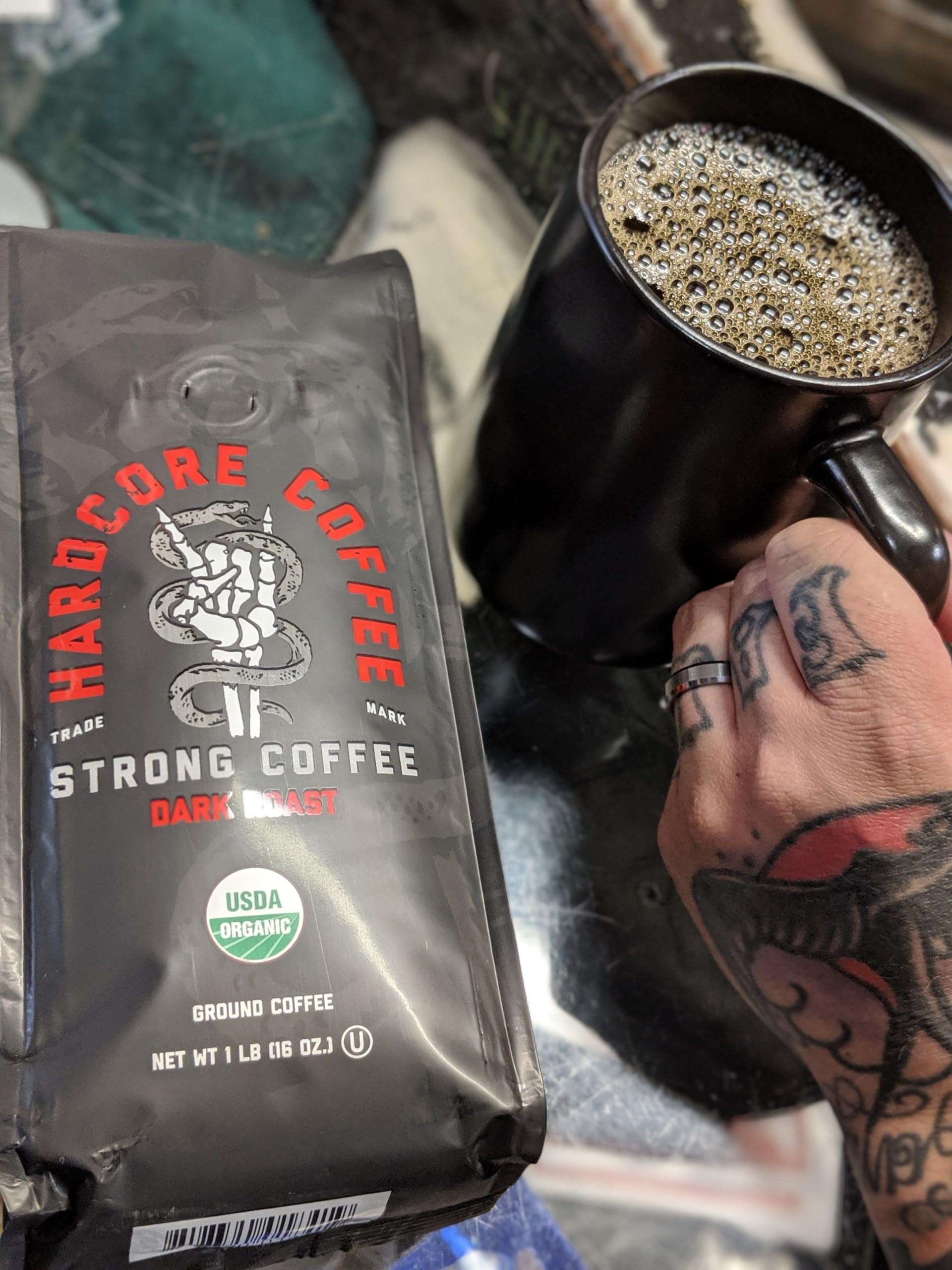 Hardcore Coffee packaged USA conveys freshness and quality control.