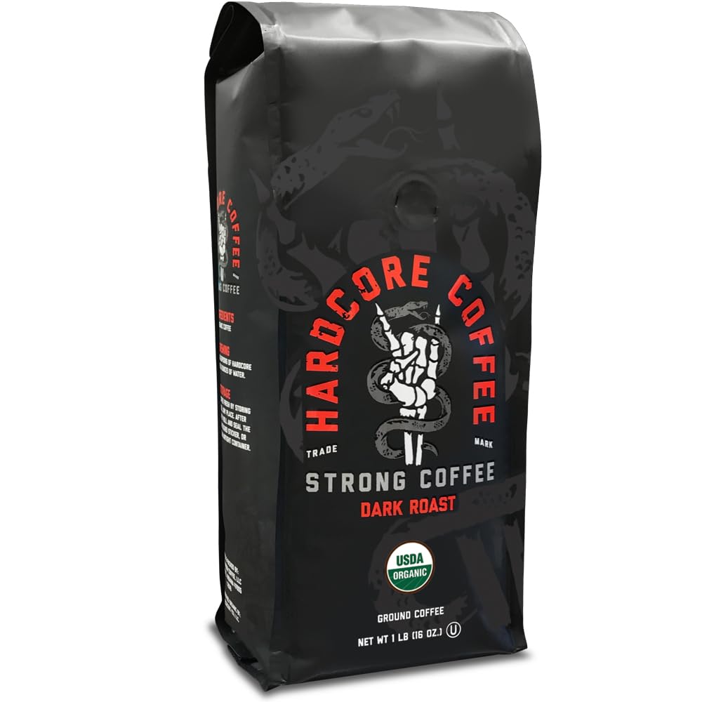 Hardcore Ground Coffee bag showcases premium organic beans for a bold start.