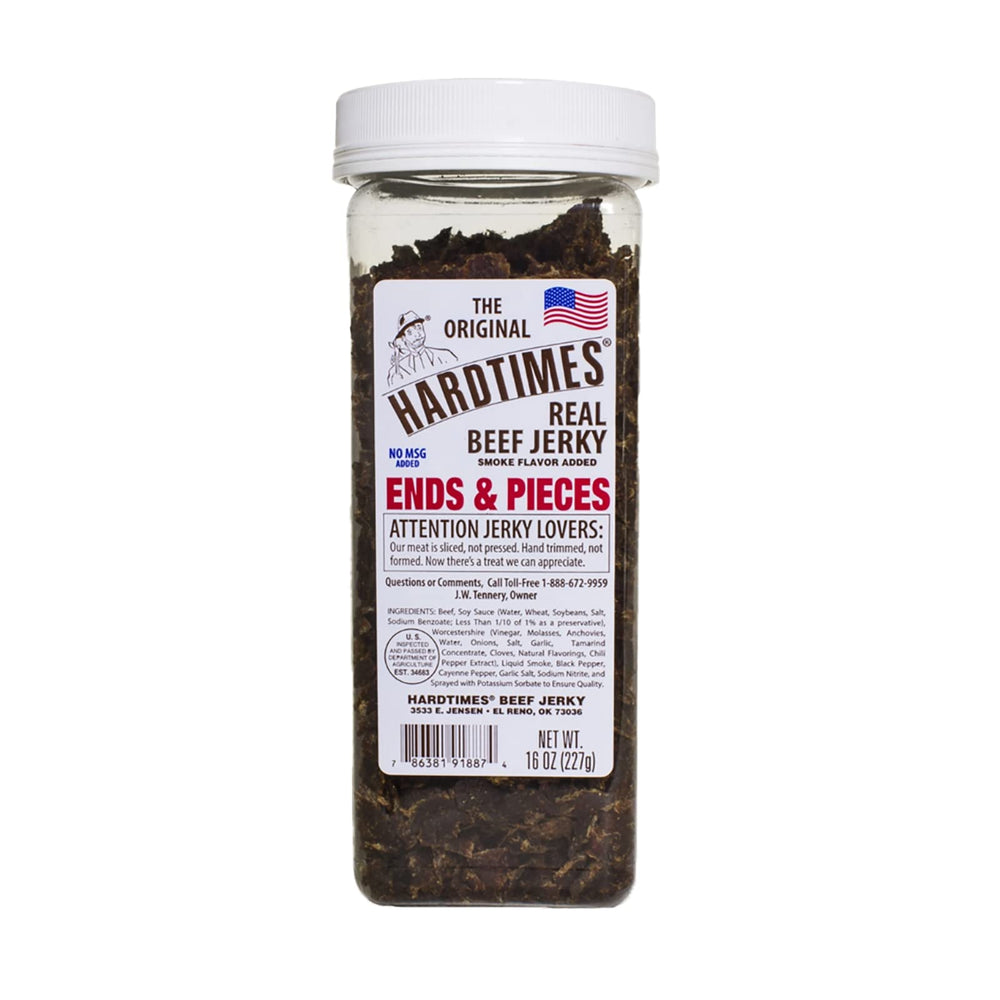 Hardtimes beef jerky ends and pieces in original flavor, ideal for on-the-go snacking.